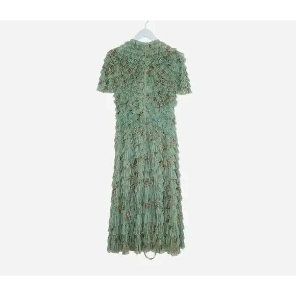 Mac Duggal 8014 Green Floral Mesh Ruffle High Neck Midi Dress NWT $798 - Picture 7 of 9
